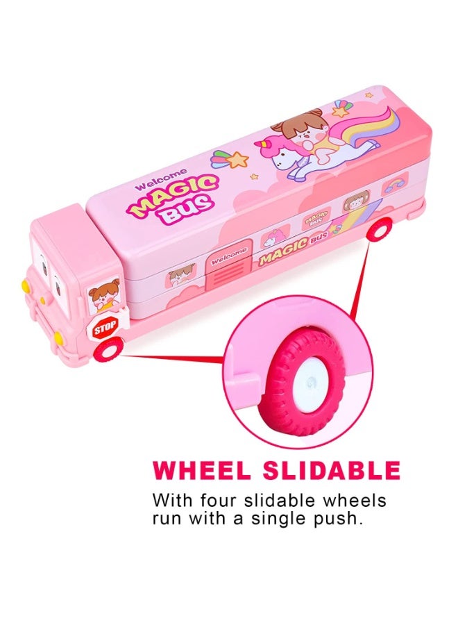 Famous Quality 2 in 1 Cartoon Printed School Bus Metal Pencil Box with Moving Tyres and Sharpener for Kids Geometry Box Color Pink - Image 5
