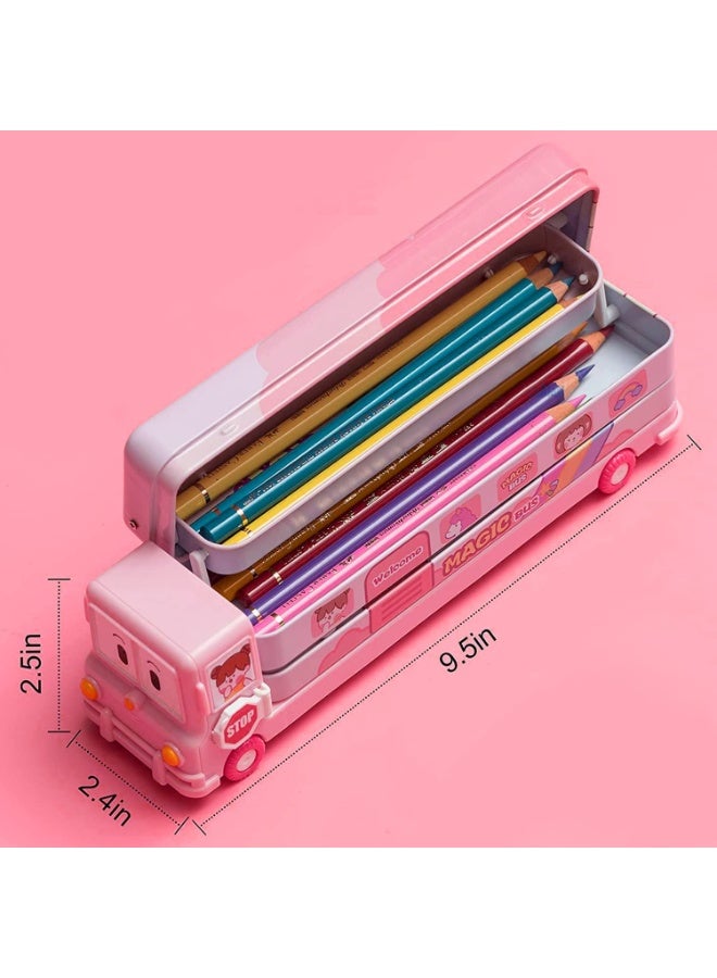 Famous Quality 2 in 1 Cartoon Printed School Bus Metal Pencil Box with Moving Tyres and Sharpener for Kids Geometry Box Color Pink - Image 4