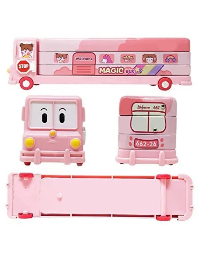 Famous Quality 2 in 1 Cartoon Printed School Bus Metal Pencil Box with Moving Tyres and Sharpener for Kids Geometry Box Color Pink - Image 2
