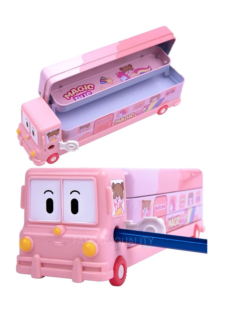 Famous Quality 2 in 1 Cartoon Printed School Bus Metal Pencil Box with Moving Tyres and Sharpener for Kids Geometry Box Color Pink - Image 1