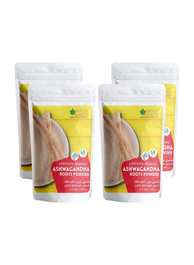 BLISS OF EARTH 4x100gm Ashwagandha Root Powder Organics Certified Withania Somnifera Helps To Promotes Better Strength and Stamina - Image 1