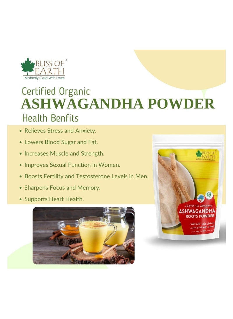 BLISS OF EARTH 4x100gm Ashwagandha Root Powder Organics Certified Withania Somnifera Helps To Promotes Better Strength and Stamina - Image 3