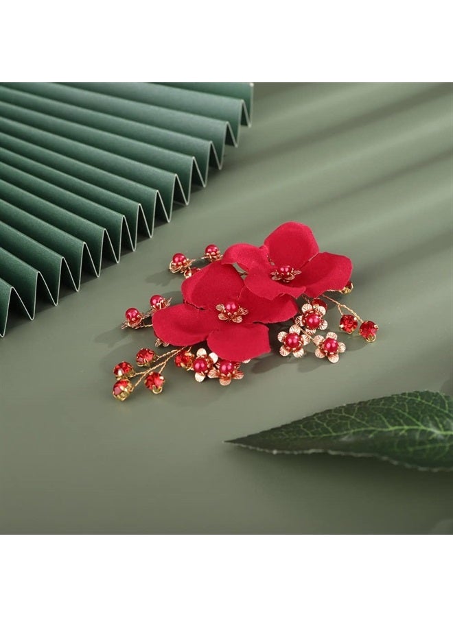 Red Hair Clip for Bridal Floral Hair Comb for Women Wedding Hair Accessories for Bride Hair Clip Headpiece for Wedding Party Prom Gift
