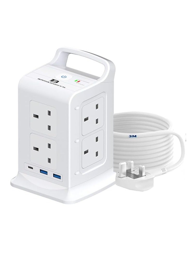 Broadonyx Tower Extension Socket 3M | 8 Universal Outlets + 2 USB + 1 Type-C 20W PD Fast Charging | Surge Protector & Heat-Resistant Power Strip for Home, Office, Majlis | Keep Your Devices Safe, Organized & Always Charged - Image 1