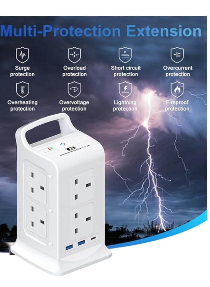 Broadonyx Tower Extension Socket 3M | 8 Universal Outlets + 2 USB + 1 Type-C 20W PD Fast Charging | Surge Protector & Heat-Resistant Power Strip for Home, Office, Majlis | Keep Your Devices Safe, Organized & Always Charged - Image 3