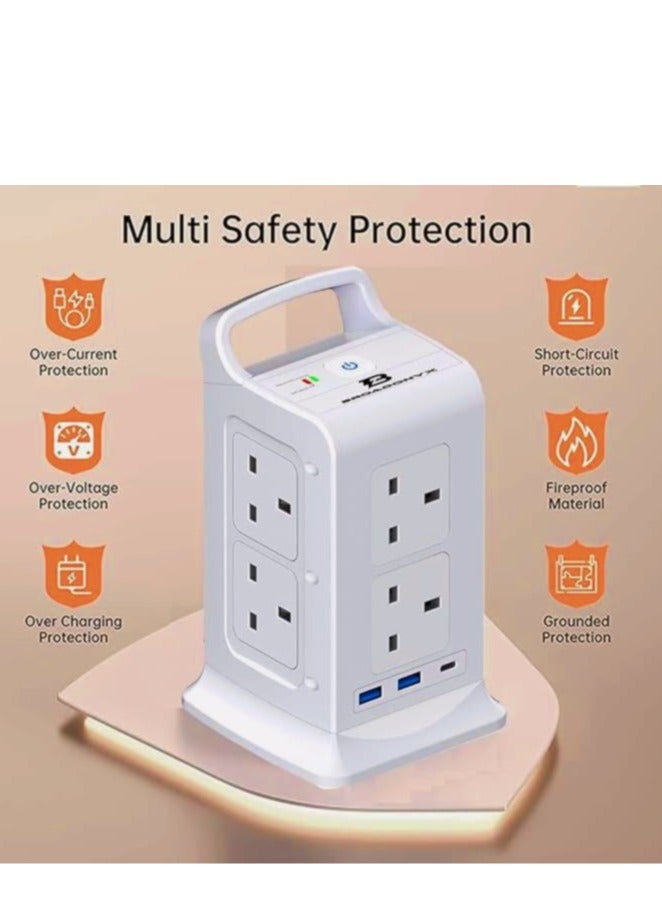 Broadonyx Tower Extension Socket 3M | 8 Universal Outlets + 2 USB + 1 Type-C 20W PD Fast Charging | Surge Protector & Heat-Resistant Power Strip for Home, Office, Majlis | Keep Your Devices Safe, Organized & Always Charged - Image 5