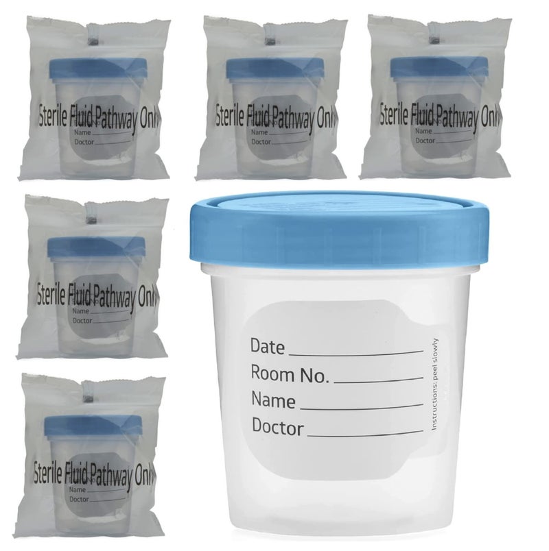Sterile Specimen Cups Individually Bagged with Lids 5 Count 4 oz Clear Urine Collection Cup with Leak Proof Screw On Covers 45 Compacity Specimens Jars for Safe Pee Stool Semen Sample Testing