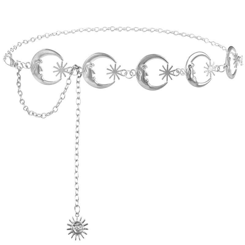 FIORETTO Chain Belt for Women Metal Belts Fashion Waist Belts for Dress Moon Star Silver Length 43in - Image 1