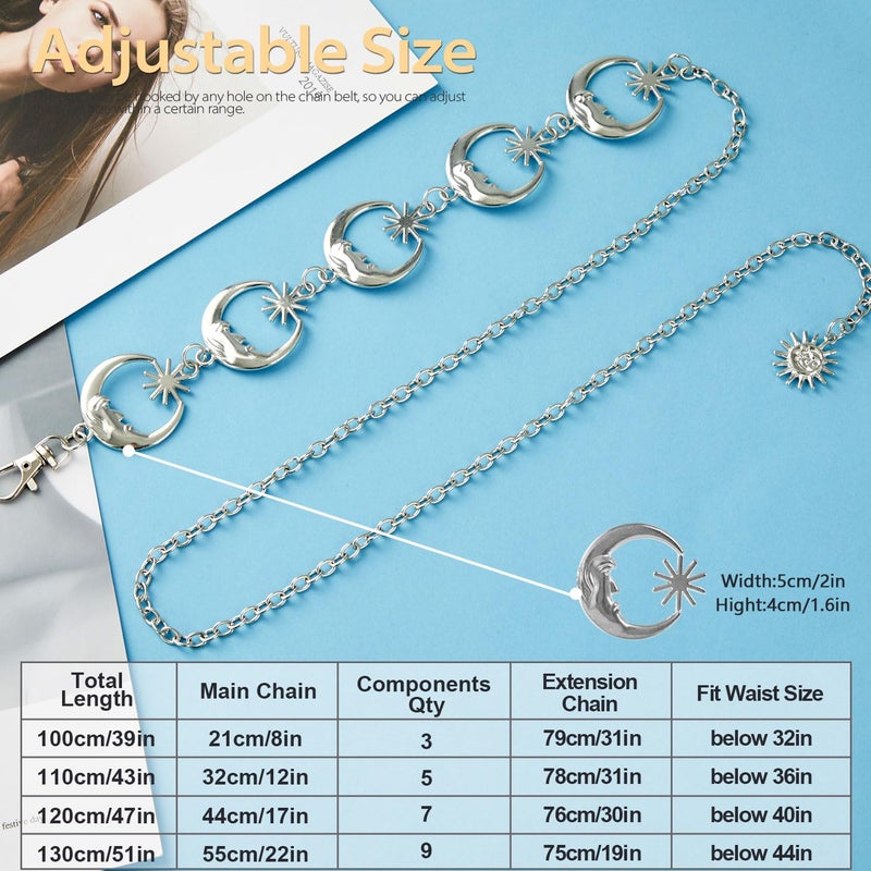 FIORETTO Chain Belt for Women Metal Belts Fashion Waist Belts for Dress Moon Star Silver Length 43in - Image 5