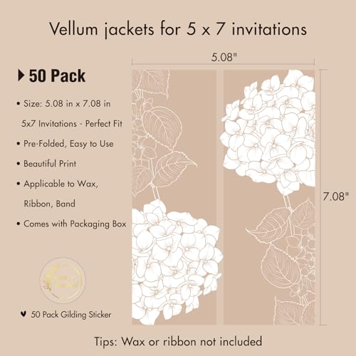 AZAZA 50 Pack Pre-Folded Vellum Jackets for 5x7 Invitations,AZAZA Elegant Translucent Invitation Sleeves,115GSM Vellum Jackets 5x7, Wedding Invitation Accessories, for Weddings Birthdays, Hydrangea Floral - Image 2