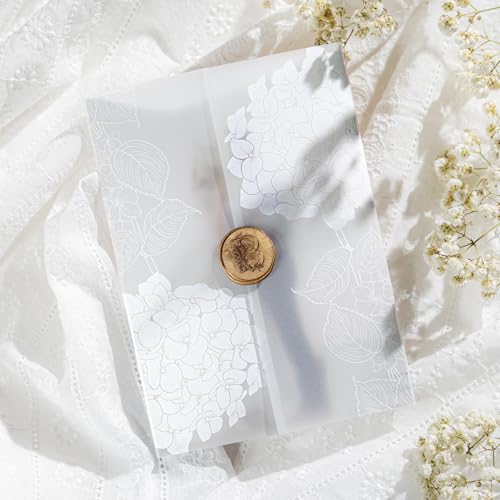 AZAZA 50 Pack Pre-Folded Vellum Jackets for 5x7 Invitations,AZAZA Elegant Translucent Invitation Sleeves,115GSM Vellum Jackets 5x7, Wedding Invitation Accessories, for Weddings Birthdays, Hydrangea Floral - Image 1