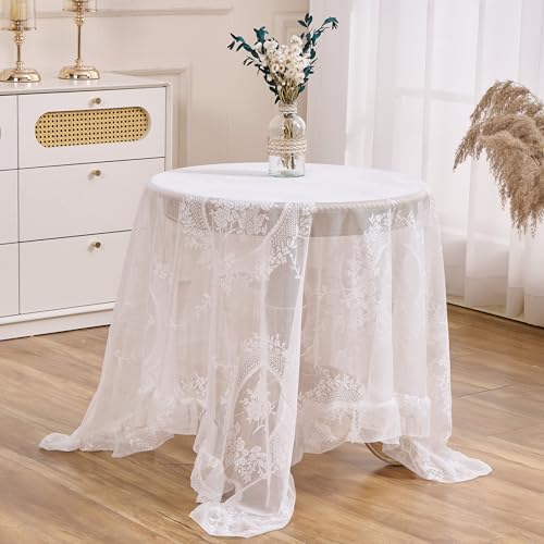 Raedan White Floral Embroidered Lace Square Tablecloth 55”x55” Vintage Table Cover (White, 55”x55”, Square) - Image 1