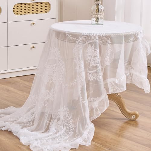 Raedan White Floral Embroidered Lace Square Tablecloth 55”x55” Vintage Table Cover (White, 55”x55”, Square) - Image 5