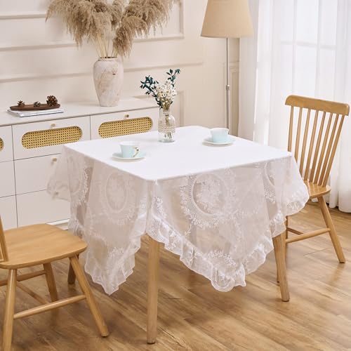 Raedan White Floral Embroidered Lace Square Tablecloth 55”x55” Vintage Table Cover (White, 55”x55”, Square) - Image 2