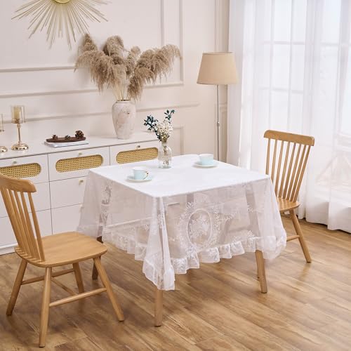 Raedan White Floral Embroidered Lace Square Tablecloth 55”x55” Vintage Table Cover (White, 55”x55”, Square) - Image 3