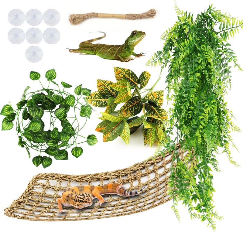QUOZUO Bearded Dragon Hammock Reptile Hide decor, Leopard Gecko Tank Accessories Reptile Hammock with Jungle Climbing Vines Hanging Plants Artificial Leaves for Chameleon, Lizards, Gecko, Snakes - Image 1