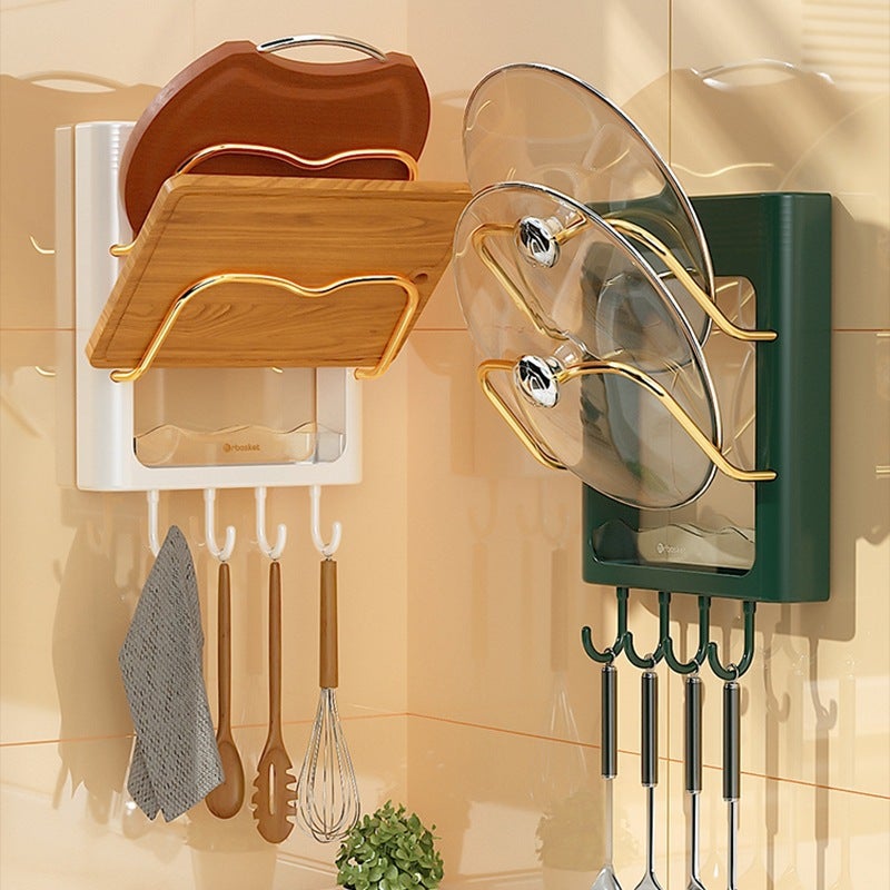 Pot Lid Rack Wall-mounted Non-perforated Kitchen Storage Rack Multi-functional Household Storage Rack Chopping Board Rack Multi-layer Chopping Board Rack(milk platinum) - Image 3