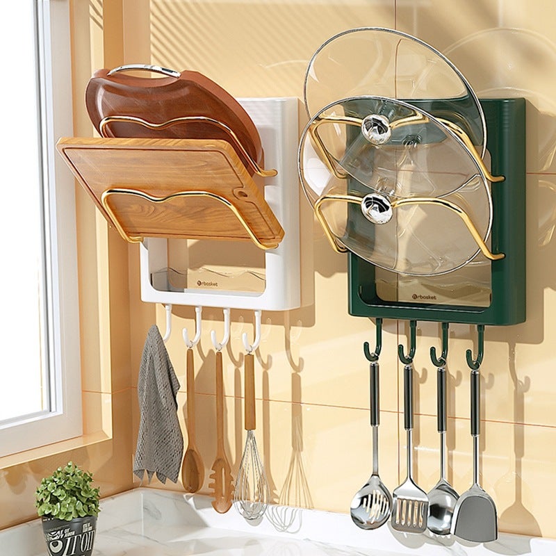 Pot Lid Rack Wall-mounted Non-perforated Kitchen Storage Rack Multi-functional Household Storage Rack Chopping Board Rack Multi-layer Chopping Board Rack(milk platinum) - Image 2