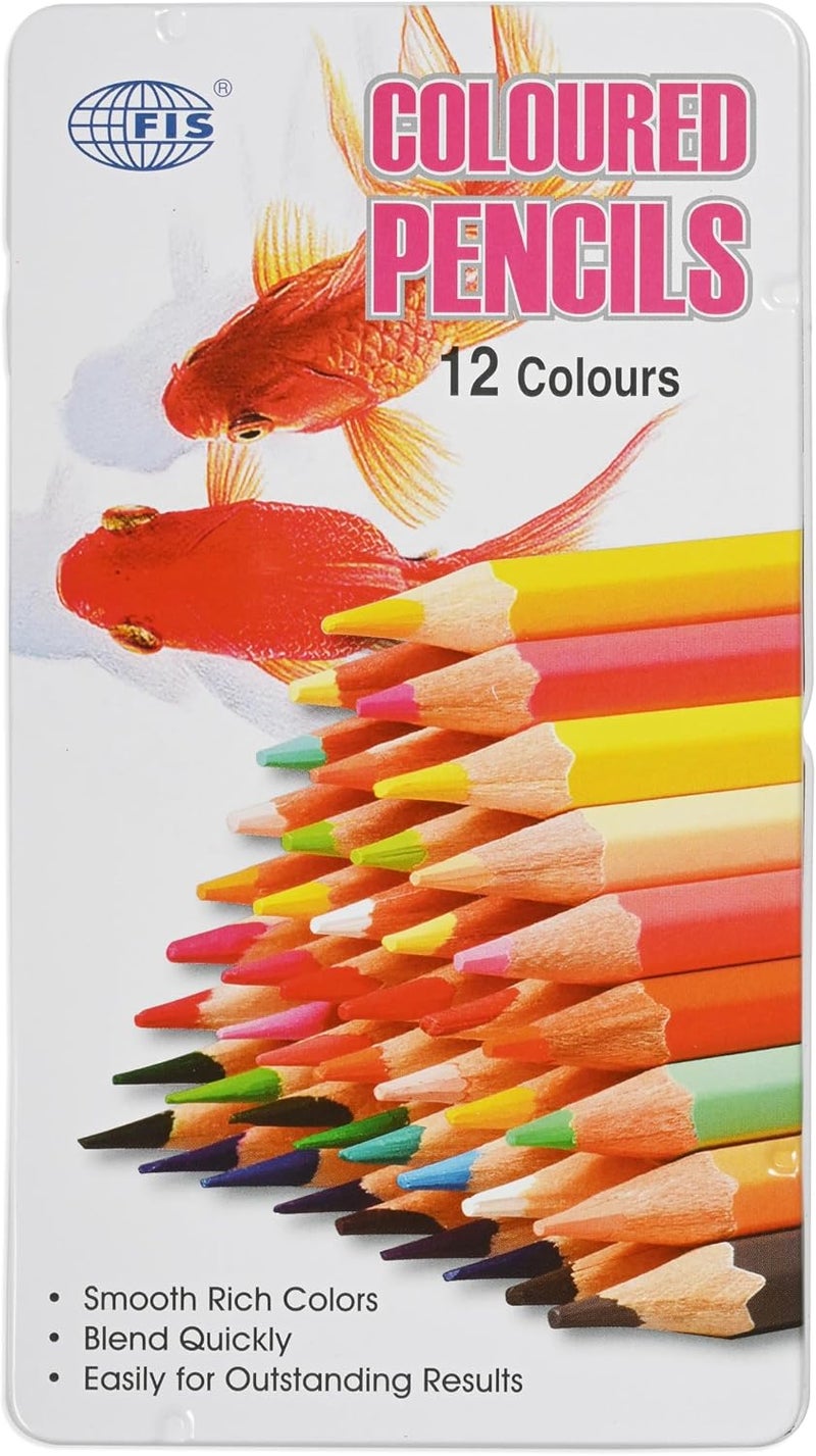 FIS® Colored Pencils, 12 Assorted Colors Per Tin Box, Pack in Metal Box, Wooden Pencils, Packet of 12 Tin Boxes(144 Pencils)-FSCK12MN - Image 1