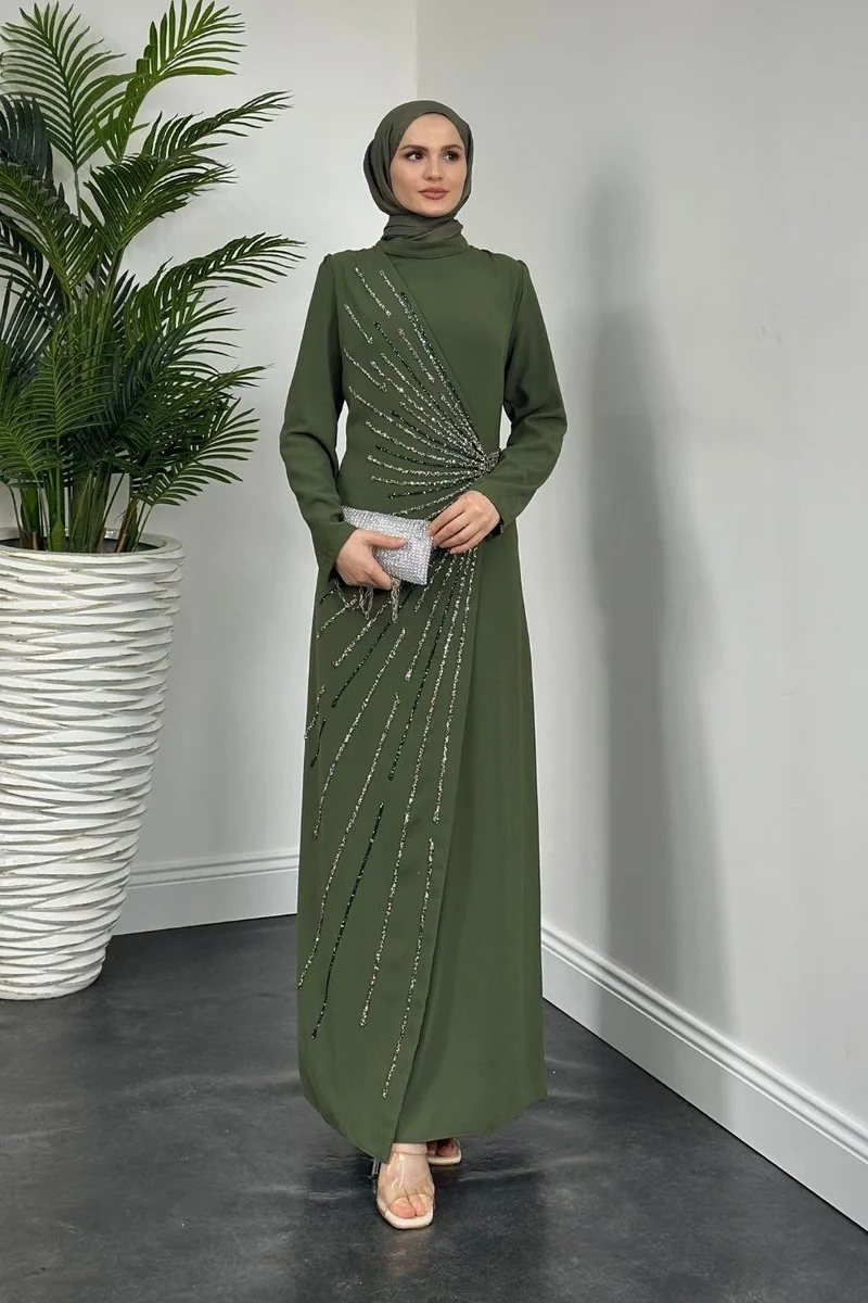 Merven Akyüz Waylon Front Stone Evening Dress Khaki