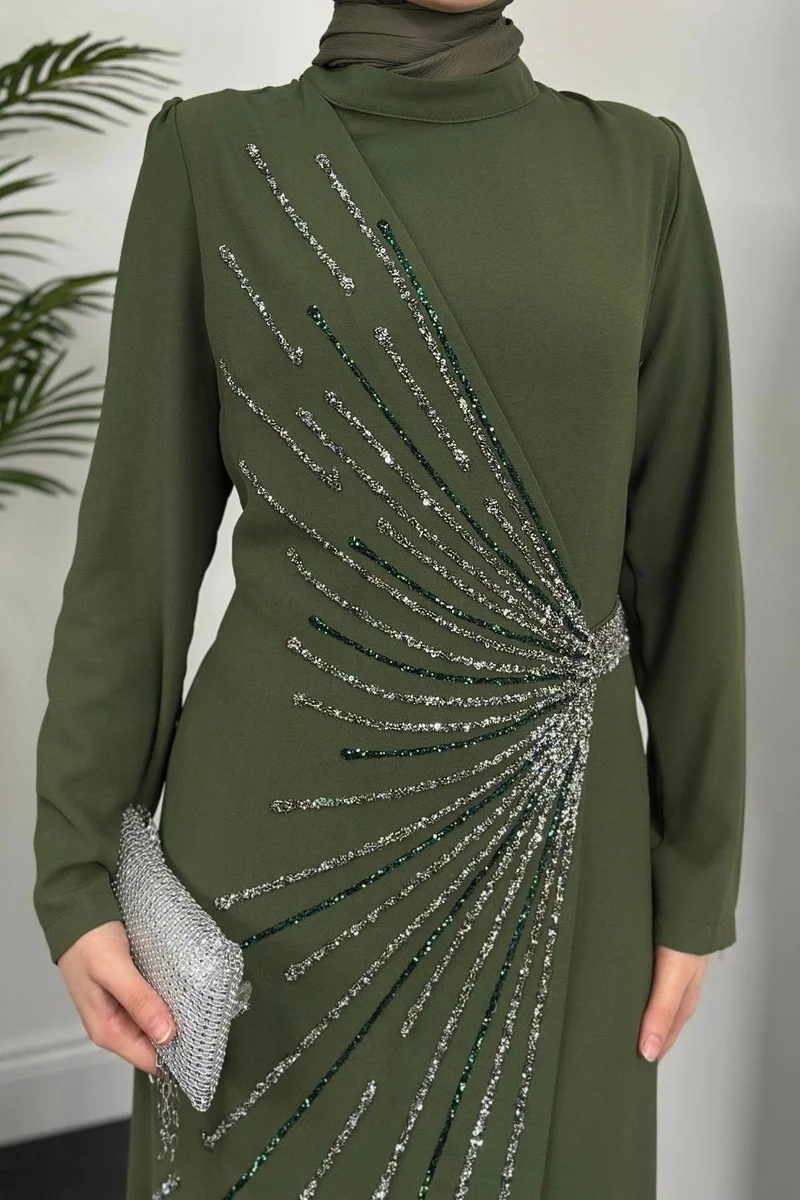 Merven Akyüz Waylon Front Stone Evening Dress Khaki
