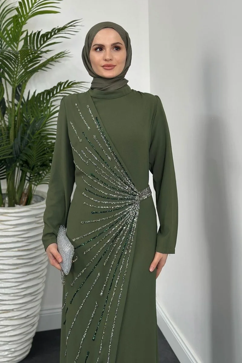 Merven Akyüz Waylon Front Stone Evening Dress Khaki