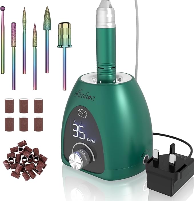 Kredioo Professional Electric Nail Drill Machine 35000RPM Electric Nail Files for Acrylic Nails Gel Nails Manicure Pedicure Salon E File Kit with Pause Button LED Display 36W UK Plug Rose Pink - Image 1