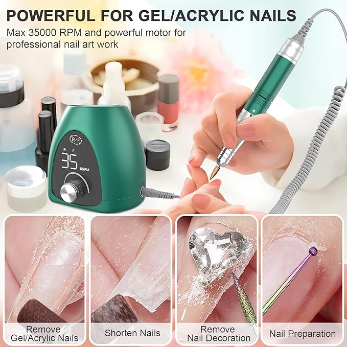 Kredioo Professional Electric Nail Drill Machine 35000RPM Electric Nail Files for Acrylic Nails Gel Nails Manicure Pedicure Salon E File Kit with Pause Button LED Display 36W UK Plug Rose Pink - Image 4