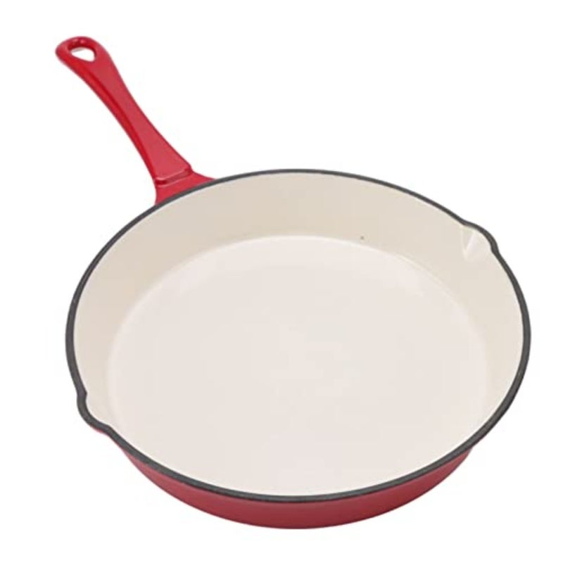 Enamel-coated cast iron skillet for indoor/outdoor use, red enamel finish, heat-resistant and non-stick pre-seasoned surface, 12-inch with long handle and pour spout - Image 4