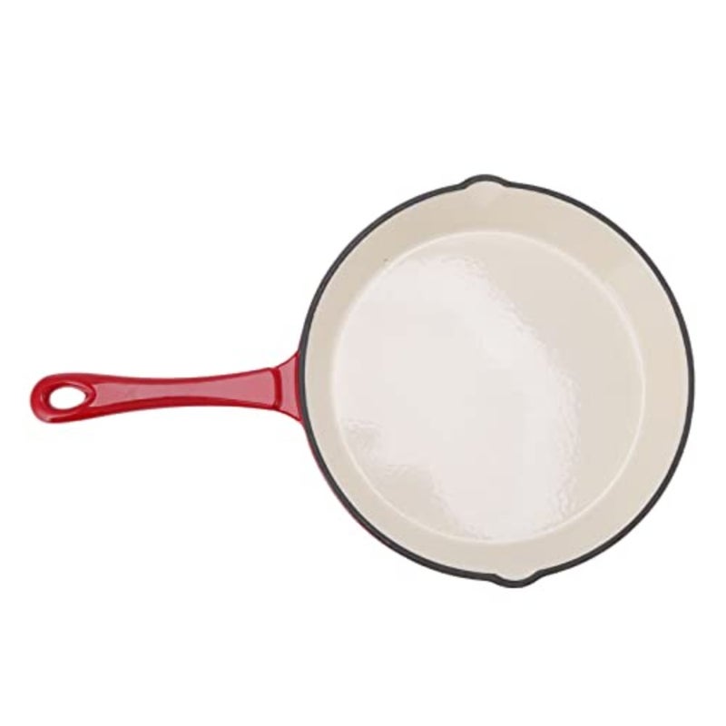 Enamel-coated cast iron skillet for indoor/outdoor use, red enamel finish, heat-resistant and non-stick pre-seasoned surface, 12-inch with long handle and pour spout - Image 5