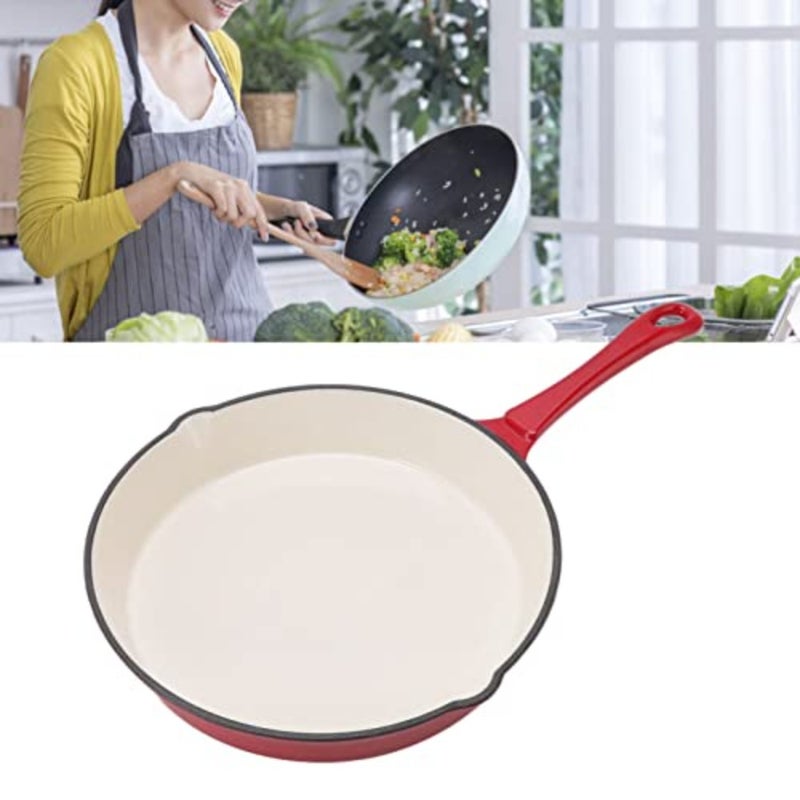 Enamel-coated cast iron skillet for indoor/outdoor use, red enamel finish, heat-resistant and non-stick pre-seasoned surface, 12-inch with long handle and pour spout - Image 3