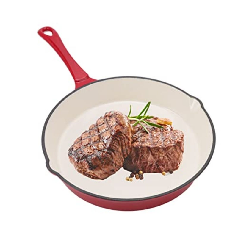 Enamel-coated cast iron skillet for indoor/outdoor use, red enamel finish, heat-resistant and non-stick pre-seasoned surface, 12-inch with long handle and pour spout - Image 1