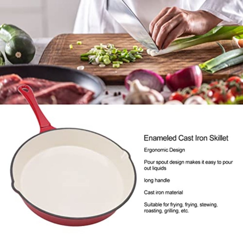 Enamel-coated cast iron skillet for indoor/outdoor use, red enamel finish, heat-resistant and non-stick pre-seasoned surface, 12-inch with long handle and pour spout - Image 2