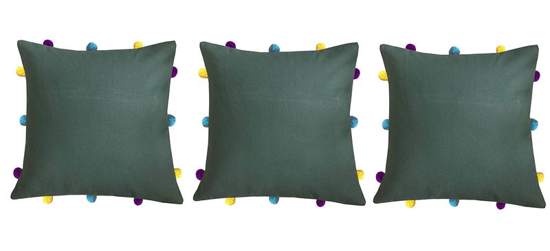 Lushomes Cushion Cover 12x12 Boho Cushion Covers Sofa Pillow Cover Cushion Covers with Tassels Cushion Cover with pom pom 12x12 Inches Set of 3 Olive Green - Image 1