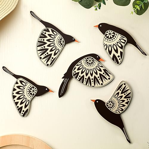 Barydat 5 Pcs Wooden Bird Wall Art Wood Flying Birds Wall Decor Rustic Folk Art Scandinavian Home Decor for Gift Living Room Bedroom Kitchen OfficeBlack