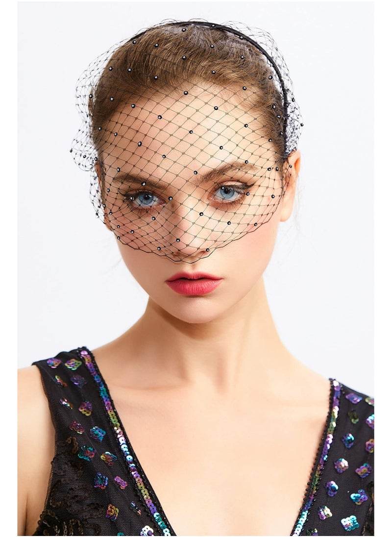 CMGTYYD - 1920s Flapper Fascinator Mesh Veil Headband Bridal Wedding Tea Party Fascinator Veil for Women, Black With Black Crystal - Image 1
