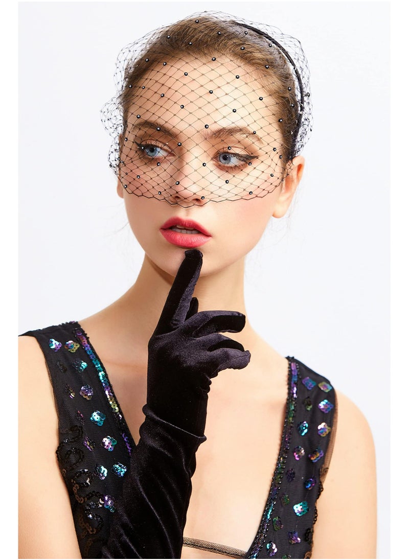 CMGTYYD - 1920s Flapper Fascinator Mesh Veil Headband Bridal Wedding Tea Party Fascinator Veil for Women, Black With Black Crystal - Image 1