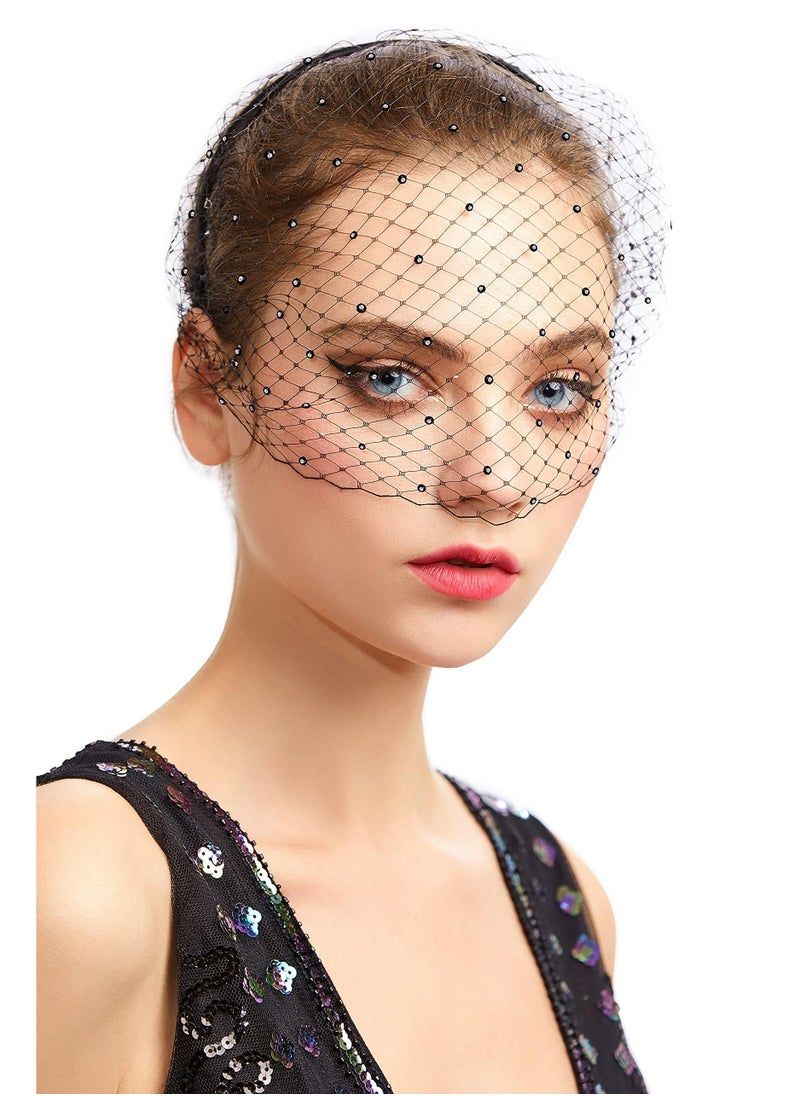 CMGTYYD - 1920s Flapper Fascinator Mesh Veil Headband Bridal Wedding Tea Party Fascinator Veil for Women, Black With Black Crystal - Image 1