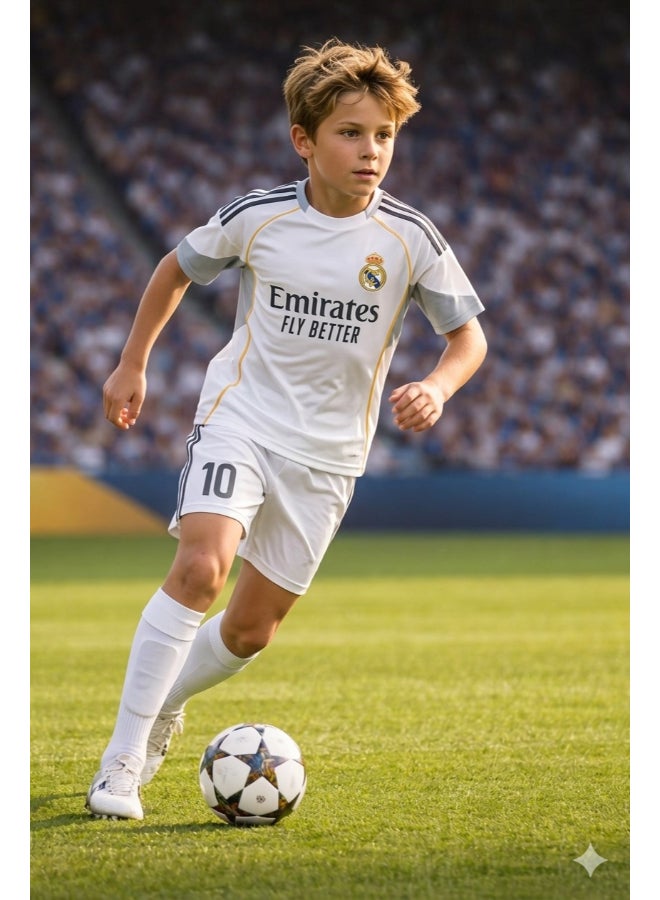 Toyland Kids Real Madrid Home Football Jersey Set – Number 10 Printed – Boys Sports T-Shirt & Shorts Kit-Size 28 - Image 4