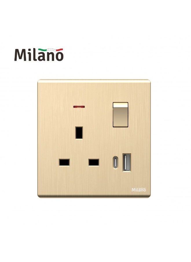 DANUBE HOME Milano Aura 13A Socket With Neon & Usb Type A+C - Brushed Gold Finish Durable Fire Retardant Pc Material/Silver Point Red Copper Electrical Switch Home Electronic Accessories - 8.6X9X4Cm 