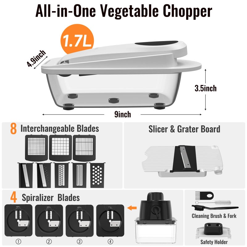 ukeetap 12 Blade All-in-1 Vegetable Chopper Mandoline Slicer with Container, Spiralizer with Containers, Food Chopper, Onion Chopper, Veggie Cutter for Salad, Kitchen Gadgets Accessories Essentials, White - Image 2