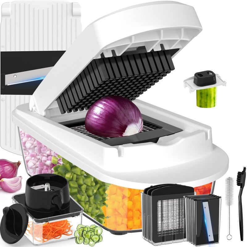 ukeetap 12 Blade All-in-1 Vegetable Chopper Mandoline Slicer with Container, Spiralizer with Containers, Food Chopper, Onion Chopper, Veggie Cutter for Salad, Kitchen Gadgets Accessories Essentials, White - Image 1