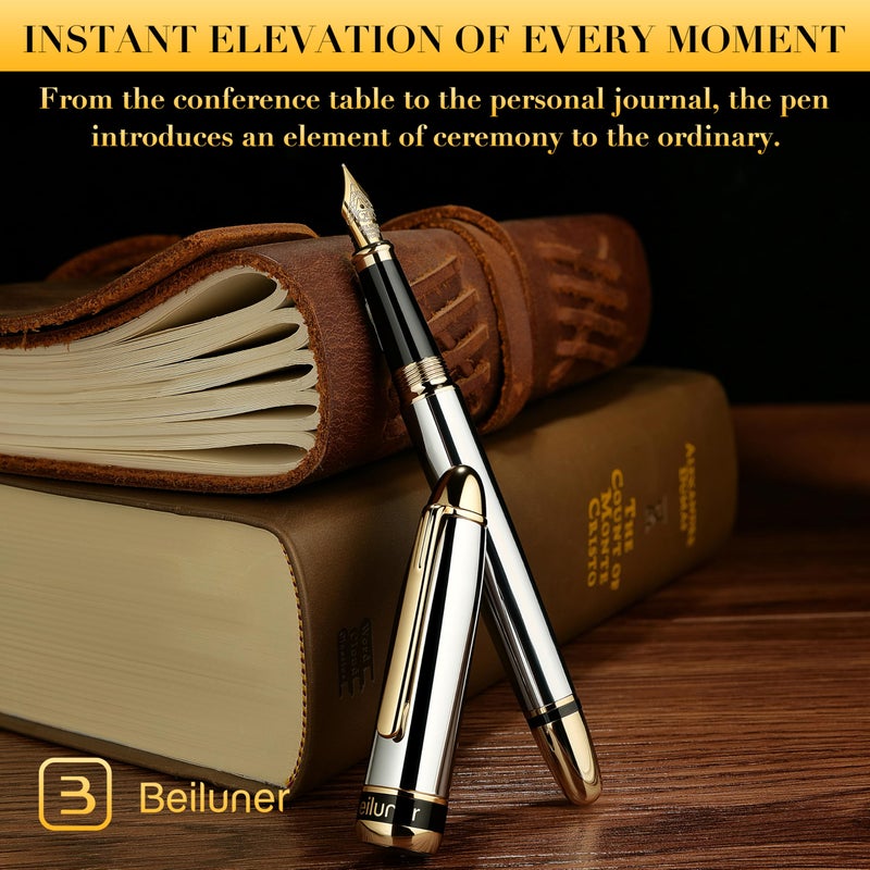 BEILUNER 315 Silver Chrome Fountain Pen,Stunning Luxury Pens with 24K Gold Accents, Gorgeous 24K Gilded Nib(Medium), Ink Converter,Fancy Pen Gift for Men&Women-Elegant, Office, Reliable, Nice Design - Image 3