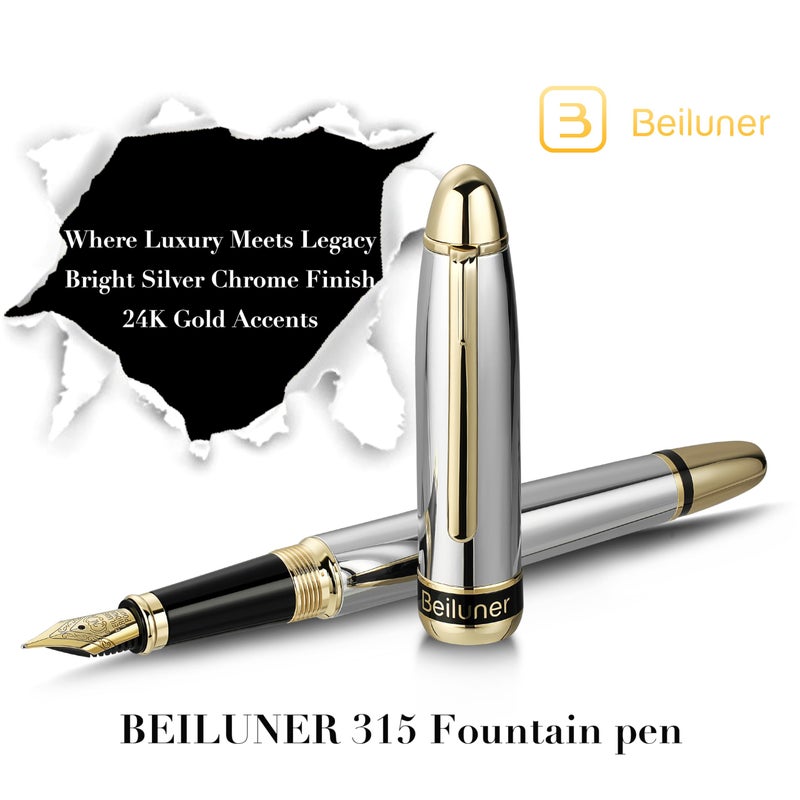 BEILUNER 315 Silver Chrome Fountain Pen,Stunning Luxury Pens with 24K Gold Accents, Gorgeous 24K Gilded Nib(Medium), Ink Converter,Fancy Pen Gift for Men&Women-Elegant, Office, Reliable, Nice Design - Image 2