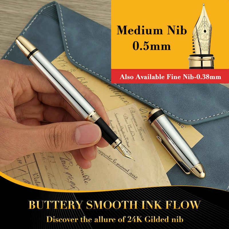 BEILUNER 315 Silver Chrome Fountain Pen,Stunning Luxury Pens with 24K Gold Accents, Gorgeous 24K Gilded Nib(Medium), Ink Converter,Fancy Pen Gift for Men&Women-Elegant, Office, Reliable, Nice Design - Image 4