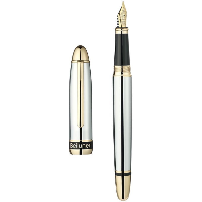 BEILUNER 315 Silver Chrome Fountain Pen,Stunning Luxury Pens with 24K Gold Accents, Gorgeous 24K Gilded Nib(Medium), Ink Converter,Fancy Pen Gift for Men&Women-Elegant, Office, Reliable, Nice Design - Image 1