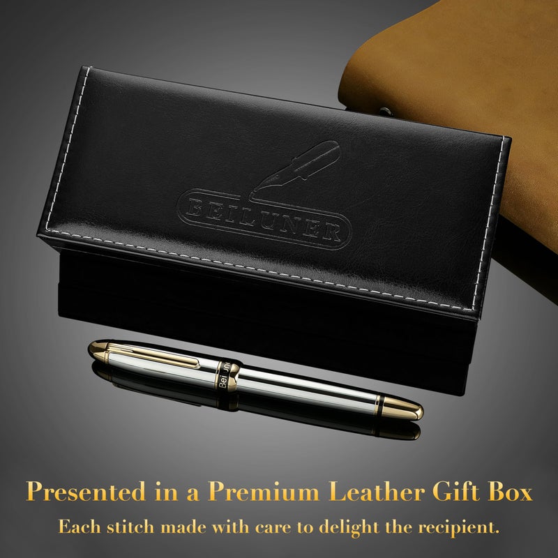 BEILUNER 315 Silver Chrome Fountain Pen,Stunning Luxury Pens with 24K Gold Accents, Gorgeous 24K Gilded Nib(Medium), Ink Converter,Fancy Pen Gift for Men&Women-Elegant, Office, Reliable, Nice Design - Image 5