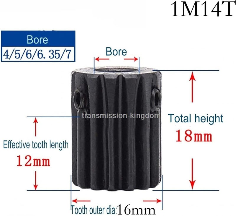 Gear Motor pinion gear Module Pinion,Motor Pinion Gear 10PCS 1M 10T14T Spur Gear Pinion Bore 4mm/5mm/6mm/6.35mm/7mm Surface Black Motor Pinion Gear Mod 1 Tooth 12 Outer Diameter 14mm(1m 14t 16mm,Bore - Image 3
