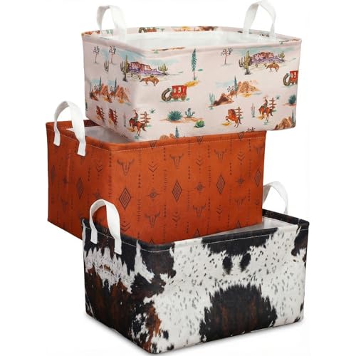 BBSET 3 Pcs Western Bull Boho Rectangle Storage Basket Collapsible Highland Cow Storage Bin for Nursery Toys Books Waterproof Baskets for Closet Shelves Bedroom DecorCow - Image 3