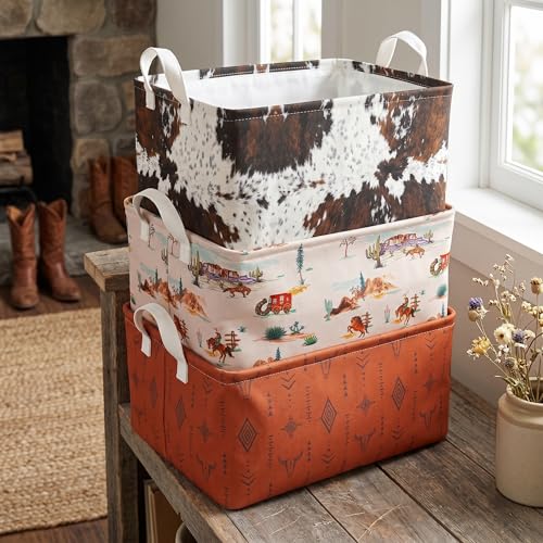 BBSET 3 Pcs Western Bull Boho Rectangle Storage Basket Collapsible Highland Cow Storage Bin for Nursery Toys Books Waterproof Baskets for Closet Shelves Bedroom DecorCow - Image 1
